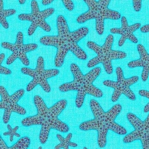 12” handdrawn starfish coastal margins coral and purple starfish on bright turquoise with faux burlap texture overlay