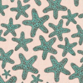 12” handdrawn starfish coastal margins sage green and cerise starfish on pale coral cream with faux burlap texture overlay