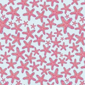 6” repeat handdrawn starfish coastal margins pinks on pale blue background faux woven burlap texture overlay