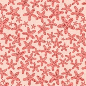 6” handdrawn starfish coastal margins pinks on pale coral orange faux woven burlap texture overlay