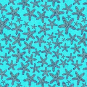 6” handdrawn starfish coastal margins coral and purple starfish on bright turquoise with faux burlap texture overlay