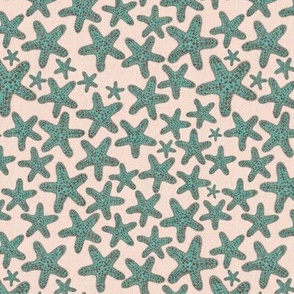 6” handdrawn starfish coastal margins sage green and cerise starfish on pale coral cream with faux burlap texture overlay