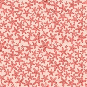 4” handdrawn starfish coastal margins pinks on pale coral orange faux woven burlap texture overlay