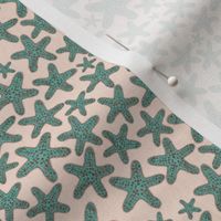 4” handdrawn starfish coastal margins sage green and cerise starfish on pale coral cream with faux burlap texture overlay
