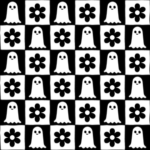 checkboard with ghosts and flowers black and white, retro halloween Wb24 medium scale