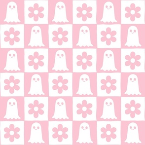 checkboard with ghosts and flowers bubblegum pink and white, retro halloween Wb24 medium scale