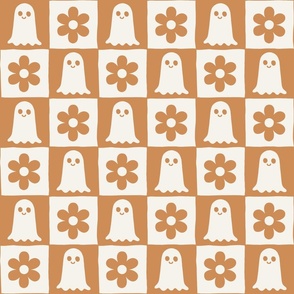 checkboard with ghosts and flowers golden brown, retro halloween Wb24 medium scale