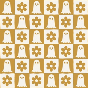 checkboard with ghosts and flowers golden spicy yellow, retro halloween Wb24 medium scale
