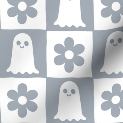 checkboard with ghosts and flowers hit grey, retro halloween Wb24 medium scale