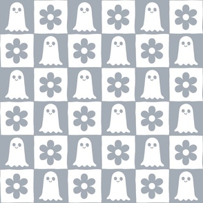 checkboard with ghosts and flowers hit grey, retro halloween Wb24 medium scale
