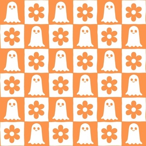 checkboard with ghosts and flowers orange , retro halloween Wb24 medium scale