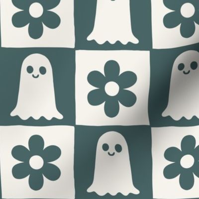 checkboard with ghosts and flowers teal blue, retro halloween Wb24 medium scale