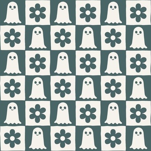 checkboard with ghosts and flowers teal blue, retro halloween Wb24 medium scale