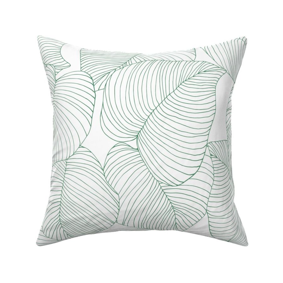 minimalist line art modern leaves - dark green on white