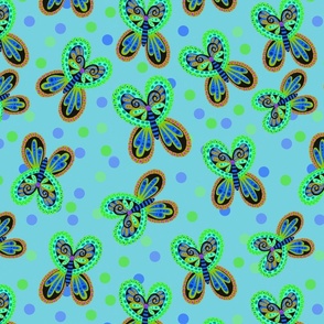 Bold, Funky, Abstract, Wild Butterflies on blue background with Polka-dots by Mona Lisa Tello