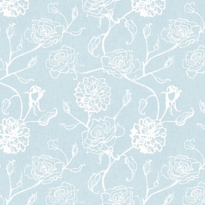 Rosebud trailing floral stripe vertical / cecil bruner rose / hand drawn vintage flowers / subtle floral wallpaper / classical rococo roses / climbing rose striped / light blue creamy white