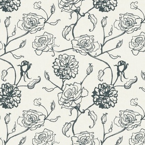 Rosebud trailing floral stripe vertical / cecil brunner rose / hand drawn vintage flowers / subtle floral wallpaper / classical rococo roses / climbing rose striped / dark green silhouette outlined flowers 