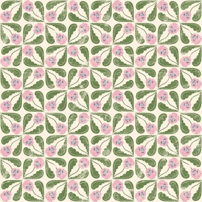 Vintage Viola Tiles | Pink and green on cream | 12