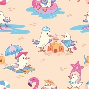 (m) Playful Seagulls Family on the Beach - beige pink blue - cute summer print