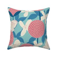 (L) Allium and Clematis Bold Handdrawn Garden Floral with Butterflies in Pink and Cream on a Blue Background