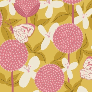 (L) Allium and Clematis Bold Handdrawn Garden Floral with Butterflies in Pink and Cream on a Mustard Yellow Background