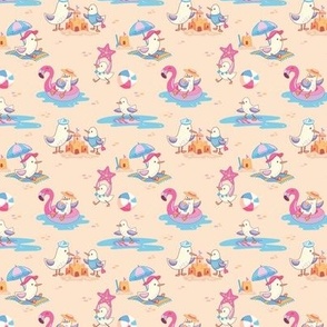 (xs) Playful Seagulls Family on the Beach - beige pink blue - cute summer print
