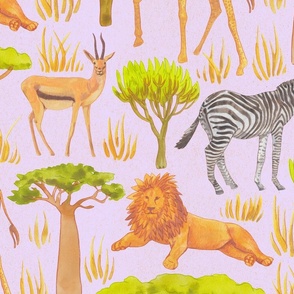 African Safari Animals Savannah Scene Textured Print in Periwinkle