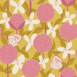 (M) Allium and Clematis Bold Handdrawn Garden Floral with Butterflies in Pink and Cream on a Mustard Yellow Background