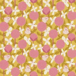 (S) Allium and Clematis Bold Handdrawn Garden Floral with Butterflies in Pink and Cream on a Mustard Yellow Background