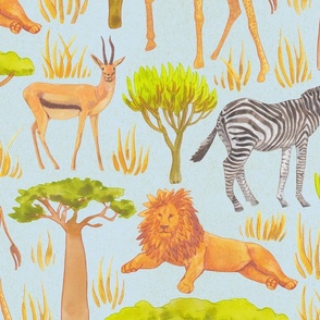 African Safari Animals Savannah Scene Textured Print in Light Aqua Blue