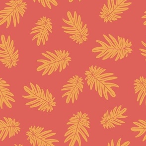 Sunset Palmetto Bliss: Amber Leaves on Coral Canvas