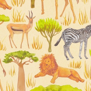 African Safari Animals Savannah Scene Textured Print in Beige
