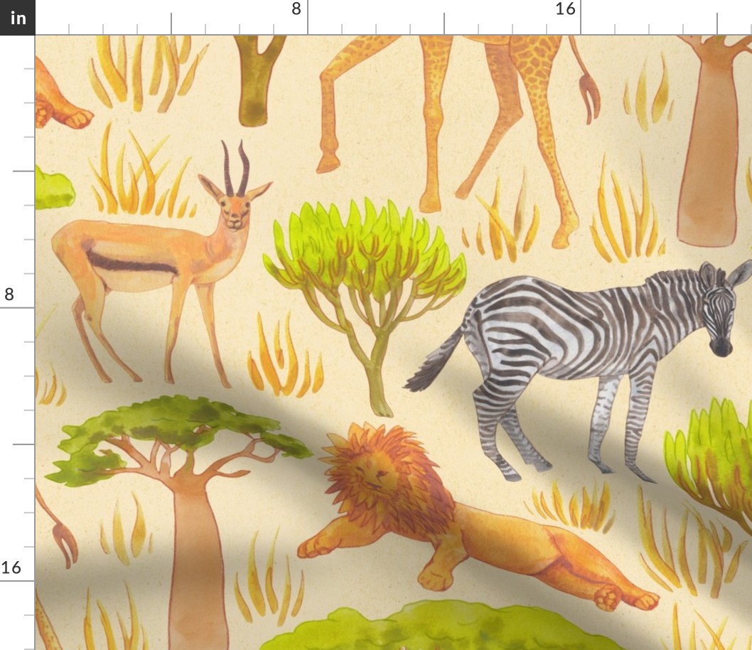 African Safari Animals Savannah Scene Textured Print in Beige