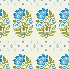 Indian Floral small  Mughal boteh watercolor hand painted motif with geometric diamond floral French blue on green mist