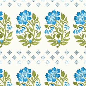 Indian Floral small  Mughal boteh watercolor hand painted motif with geometric diamond floral French blue on natural white
