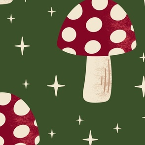 (L) Christmas starlight mushrooms on dark green natural Christmas
