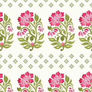 Indian Floral small Mughal  boteh watercolor hand painted motif with geometric diamond floral pink and green on natural white