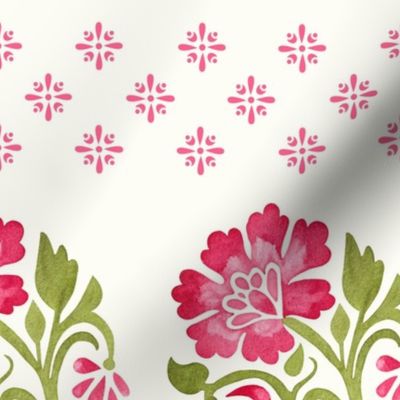 Indian Floral small boteh watercolor hand painted motif with geometric diamond floral pink on natural white, large scale