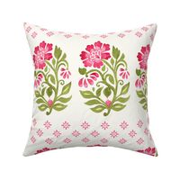 Indian Floral small boteh watercolor hand painted motif with geometric diamond floral pink on natural white, large scale