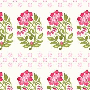 Indian Floral small boteh watercolor hand painted motif with geometric diamond floral pink on natural white, large scale