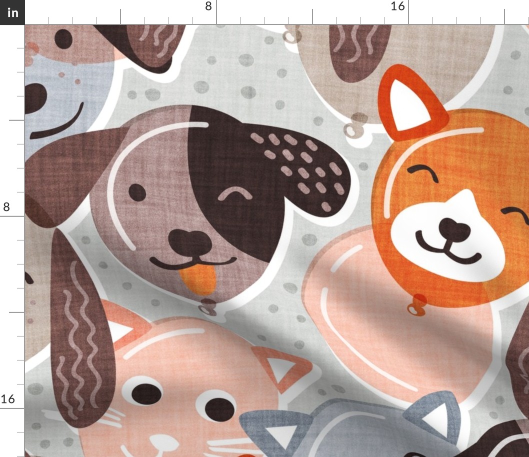 Large jumbo scale // Pet pawty time // gray background dogs and cats paper balloon animals party wallpaper