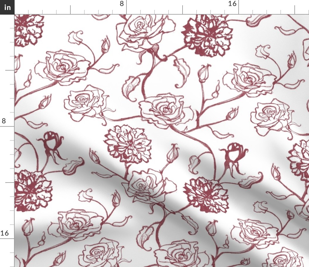 Rosebud trailing floral stripe vertical / cecil brunner rose / hand drawn vintage flowers / subtle floral wallpaper / classical rococo roses / climbing rose striped / blood red white