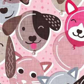 Large jumbo scale // Pet pawty time // pastel pink background dogs and cats paper balloon animals party wallpaper