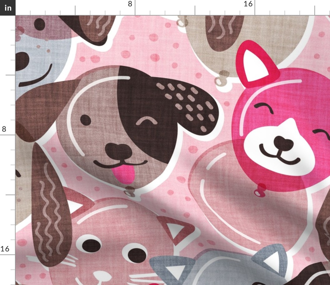 Large jumbo scale // Pet pawty time // pastel pink background dogs and cats paper balloon animals party wallpaper