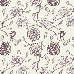 Rosebud trailing floral stripe vertical / cecil brunner rose / hand drawn vintage flowers / subtle floral wallpaper / classical rococo roses / climbing rose striped / raisin purple creamy white