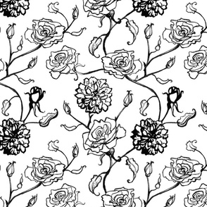 Rosebud trailing floral stripe vertical / cecil brunner rose / hand drawn vintage flowers / subtle floral wallpaper / classical rococo roses / climbing rose striped / black white