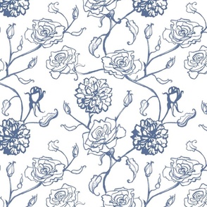Rosebud trailing floral stripe vertical / cecil brunner rose / hand drawn vintage flowers / subtle floral wallpaper / classical rococo roses / climbing rose striped / denim blue  white