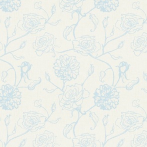 Rosebud trailing floral stripe vertical / cecil brunner rose / hand drawn vintage flowers / subtle floral wallpaper / classical rococo roses / climbing rose striped / bright pastel blue creamy white