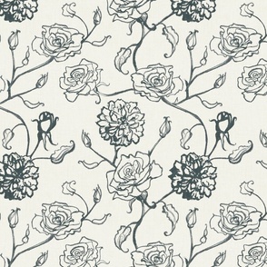 Rosebud trailing floral stripe vertical / cecil brunner rose / hand drawn vintage flowers / subtle floral wallpaper / classical rococo roses / climbing rose striped / dark green creamy white