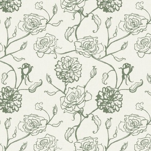 Rosebud trailing floral stripe vertical / cecil brunner rose / hand drawn vintage flowers / subtle floral wallpaper / classical rococo roses / climbing rose striped / olive green creamy white